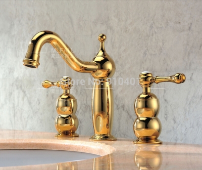 Wholesale And Retail Promotion Golden Brass Widespread Deck Mounted Bathroom Faucet Dual Handles Sink Mixer Tap