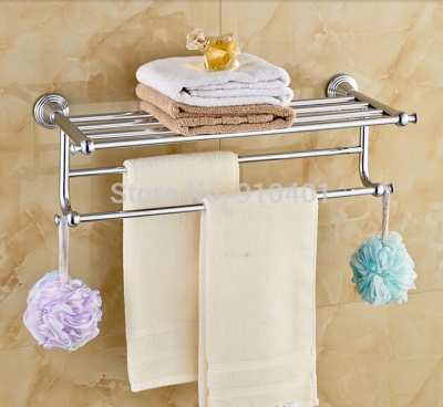 Wholesale And Retail Promotion Modern Chrome Brass Bathroom Shelf Towel Rack Holder With Dual Towel Bar Hangers [Towel bar ring shelf-5077|]