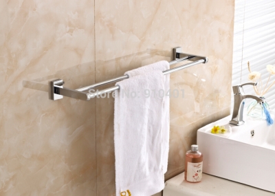Wholesale And Retail Promotion Modern Square Chrome Brass Bathroom Shelf Dual Towel Bar Holders Wall Mounted