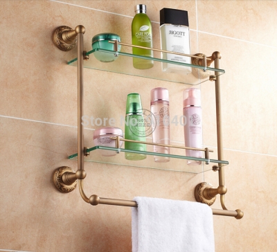 Wholesale And Retail Promotion NEW Antique Brass Bathroom Accessories Embossed Shelf Cosmetic Dual Glass Tiers [Storage Holders & Racks-4486|]