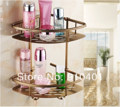 Wholesale And Retail Promotion NEW Fashion Bathroom Antique Brass Shower Caddy Shelf Dual Tiers W/ Hooks Hanger [Storage Holders & Racks-4369|]