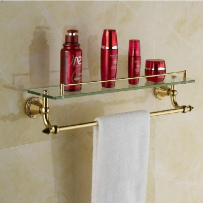 Wholesale And Retail Promotion Wall Mount Golden Brass Bathroom Shower Caddy Cosmetic Glass Shelf W/ Towel Bar