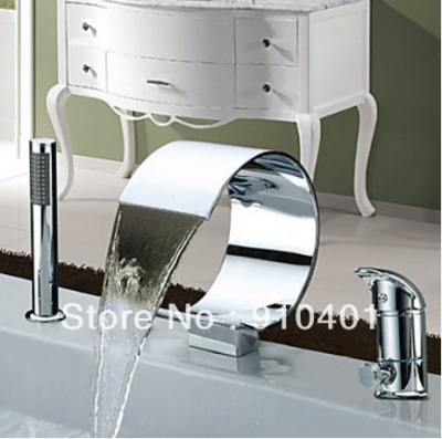 Brand New Chrome Finish Modern Roman BathTub Faucet Curved Shape Waterfall w/ Hand Held Shower Sprary