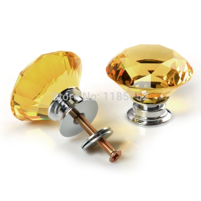 Hot New 16PCS Diameter 30mm Diamond Shaped Yellow Glass Crystal Cabinet Pull Drawer Handle Kitchen Door Knob Home Furniture Knob [Knobs-68|]