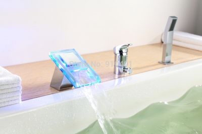 LED Color Changing Bathroom Tub Faucet W/ Hand Shower Glass Waterfall Mixer Tap