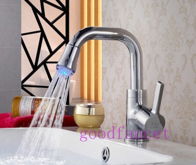 LED Light Polish Chrome Bathroom Faucet Solid Brass Basin Sink Mixer Tap Single Handle Hole Swivel Spout [LED Faucet-3243|]