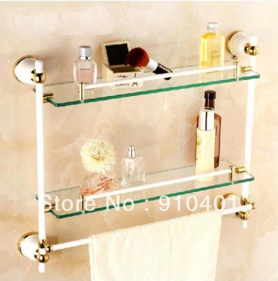 Luxury Gold White Brass Shower Caddy Cosmetic Shelf Dual Glass Tier W/Towel Bar [Storage Holders & Racks-4331|]