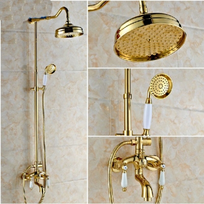 Wholdsale And Retail Promotion Luxury Golden Finish 8" Rain Shower Faucet Set Bathtub Mixer Tap Ceramic Handles