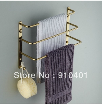 Wholdsale And Retail Promotion Polished Golden Finish Brass 3 Towel Bar Towel Rack Holder W/ Dual Hook Hangers