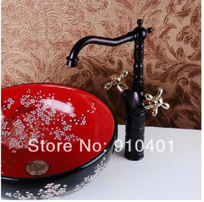 Wholesale And Retail Promotion 15" Tall Oil Rubbed Bronze Bathroom Sink Faucet Dual Golden Handles Mixer Tap [Oil Rubbed Bronze Faucet-3686|]