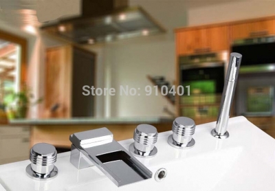 Wholesale And Retail Promotion Chrome Brass Waterfall Bathroom Tub Faucet Widespread Sink Mixer Hand Shower Tap [5 PCS Tub Faucet-204|]
