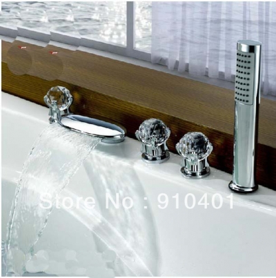 Wholesale And Retail Promotion Elegant Deck Mounted Chrome Brass Bathtub Faucet Hand Shower Crystal Handles Tap [5 PCS Tub Faucet-117|]