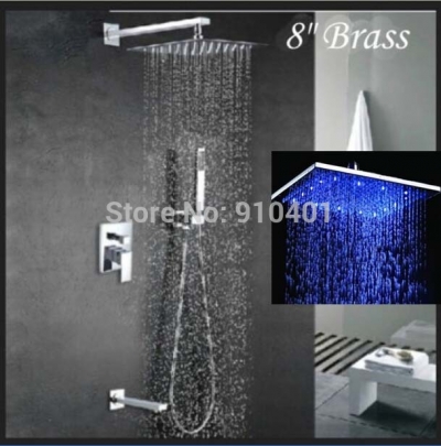Wholesale And Retail Promotion LED Color Changing 8" Brass Rain Shower Faucet Set Tub Mixer Tap W/ Hand Shower [LED Shower-3356|]