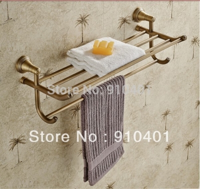 Wholesale And Retail Promotion Luxury Antique Brass Bathroom Shelf Towel Rack Holder With Towel Bar Dual Hooks [Towel bar ring shelf-4804|]