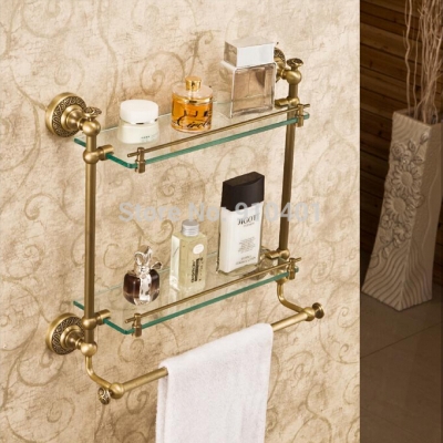 Wholesale And Retail Promotion Luxury Wall Mounted Bathroom Antique Brass Shelf Dual Glass Tiers With Towel Bar