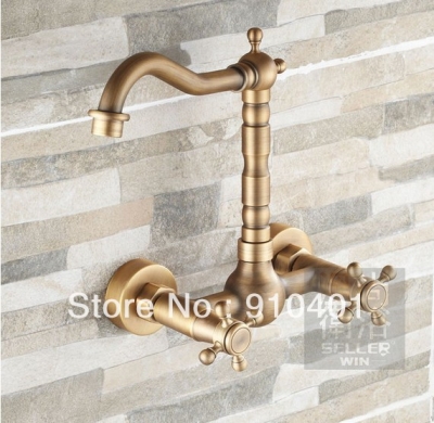 Wholesale And Retail Promotion NEW Antique Brass Wall Mount Bathroom Faucet Dual Handle Mixer Tap Swivel Spout