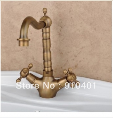 Wholesale And Retail Promotion NEW Deck Mounted Antique Brass Bathroom Basin Faucet Dual Cross Handle Mixer Tap