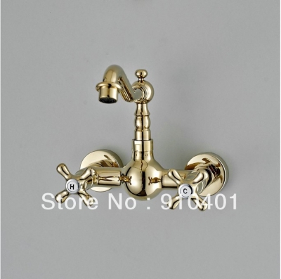 Wholesale And Retail Promotion NEW Golden Finish Wall Mount Bathroom Basin Faucet Dual Handles Sink Mixer Tap [Golden Faucet-2739|]