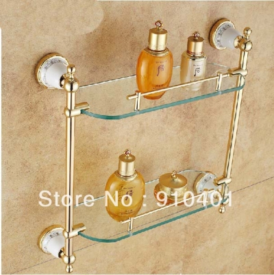 Wholesale And Retail Promotion NEW Luxury Polished Golden Bathroom Shelf Storage Holder With Dual Glass Tiers [Storage Holders & Racks-4323|]