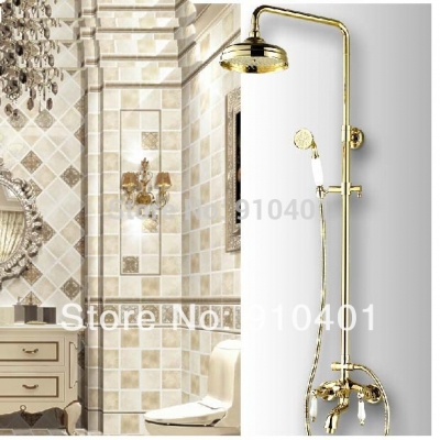 Wholesale And Retail Promotion NEW Luxury Rain Shower Faucet Set 8" Round Shower Head Tub Mixer Tap Hand Shower [Golden Shower-2922|]