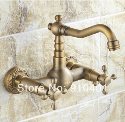 Wholesale And Retail Promotion Wall Mounted Antique Brass Dual Cross Handles Sink Mixer Tap Swivel Spout Tap