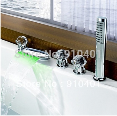 Waterfall Brass Bathtub Faucet+Hand Shower+Crystal Glass Handle With Color Changing LED Temperature sensitive