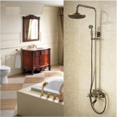 Wholesale And Retail Polished Antique Brass Rain Shower Faucet Tub Mixer Tap Dual Cross Handles Hand Shower