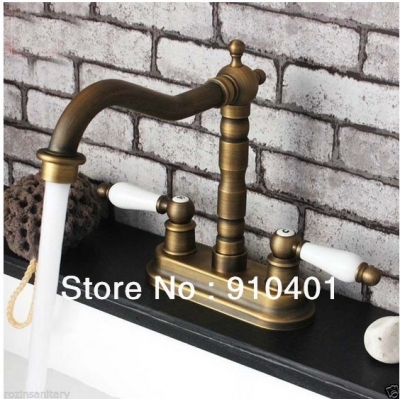 Wholesale And Retail Promotion NEW Deck Mounted Antique Brass Bathroom Basin Faucet Dual Handles Sink Mixer Tap