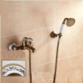 Wholesale And Retail Promotion Antique Brass Tub Mixer Tap Bathroom Sink Faucet With Hand Shower Wall Mounted