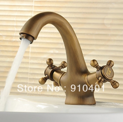 Wholesale And Retail Promotion Classic Antique Brass Bathroom Faucet Basin Dual Handles Deck Mouted Mixer Tap