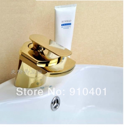 Wholesale And Retail Promotion Golden Brass Deck Mounted Bathroom Basin Faucet Waterfall Spout Sink Mixer Tap