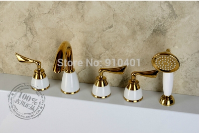 Wholesale And Retail Promotion Golden Brass Deck Mounted Bathroom Tub Faucet With Hand Shower Sink Mixer Tap [5 PCS Tub Faucet-147|]