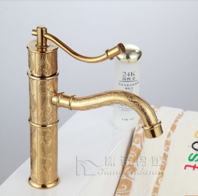 Wholesale And Retail Promotion Luxury Golden Brass Flower Carved Bathroom Basin Faucet Vanity Sink Mixer Tap [Golden Faucet-2745|]