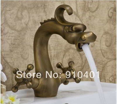 Wholesale And Retail Promotion Modern Antique Brass Bathroom Animal Faucet Dual Cross Handles Sink Mixer Tap [Antique Brass Faucet-309|]