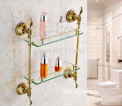 Wholesale And Retail Promotion Modern Ti-PVD Brass Embossed Art Bathroom Shelf Shower Cosmetic Dual Glass Tier [Storage Holders & Racks-3379|]