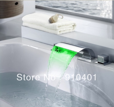 Wholesale And Retail Promotion NEW LED Colors Deck Mounted Waterfall Bathroom Basin Faucet Widespread Mixer Tap