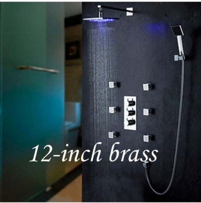Wholesale And Retail Promotion Thermostatic Wall Mounted LED 12" Square Rain Shower Faucet Hand Shower W/ Jets
