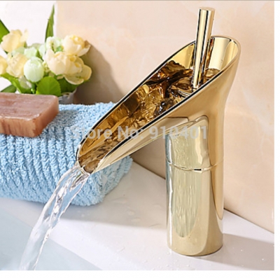 Wholesale and retail Promotion Waterfall Bathroom Golden Faucet Single Handle Vanity Sink Mixer Tap Deck Mount