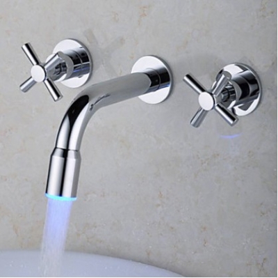 Brand new!brass wall mount bathroom basin faucet double hands mixer with color changing LED light chrome [LED Faucet-3239|]