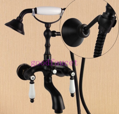 Wholesale And Retail Oil Rubbed Bronze Clawfoot Bathtub Faucet W /Ceramic Telephone Hand Shower Mixer Tap Set