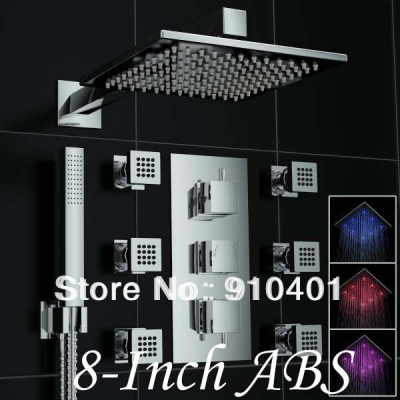 Wholesale And Retail Promotion Chrome LED Thermostatic 8" Rain Shower Faucet Set Jets Shower With Hand Shower