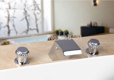 Wholesale And Retail Promotion Deck Mounted Widespread Waterfall Bathroom Faucet Dual Handles Sink Mixer Tap