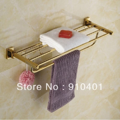 Wholesale And Retail Promotion Foldable Golden Brass Towel Rack Shelf Bathroom Shelf Holder Towel Bar Hooks [Towel bar ring shelf-4803|]