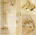Wholesale And Retail Promotion Luxury Golden Brass Shower Faucet Rain Shower Head + Tub Faucet + Hand Shower