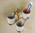 Wholesale And Retail Promotion NEW Golden Brass Bathroom Toothbrush Holder 3 Ceramic Cups Wall Mounted Holder