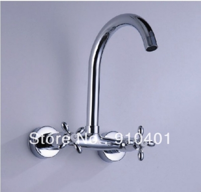 Wholesale And Retail Promotion Polished Chrome Wall Mounted Brass Kitchen Faucet Double Handles Swivel Spout
