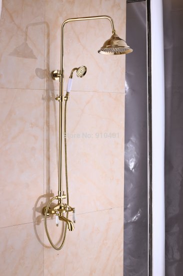 Wholesale And Retail Promotion Ti-PVD Brass Rain Shower Faucet Tub Mixer Tap Dual Ceramic Handles Hand Shower [Golden Shower-2970|]
