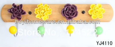 new design wood four hooks with colored ceramic flowers and knobs ball coat rack clothes hanger towel hook wholesale YJ4110