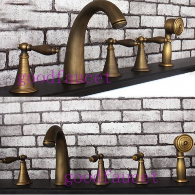 wholesale and retail new bathroom antique brass tub faucet sink mixer tap 5pcs set 3 handles with telephone shower