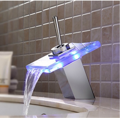 Contemporary Promotion LED Color Changing Deck Mounted Waterfall Bathroom Basin Faucet Sinlge Handle [LED Faucet-3217|]